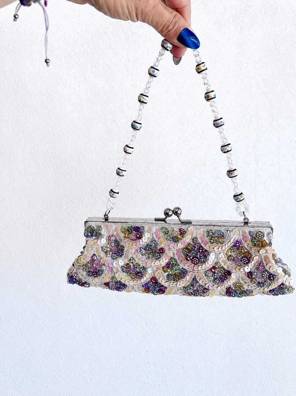 Beaded Sequin Evening Bag Purse Kiss Lock Bead Handle Bridal Cocktail Clutch Y2K